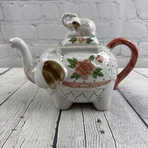 Pink And White Porcelain Elephant Teapot Handcrafted in Thailand Floral Design